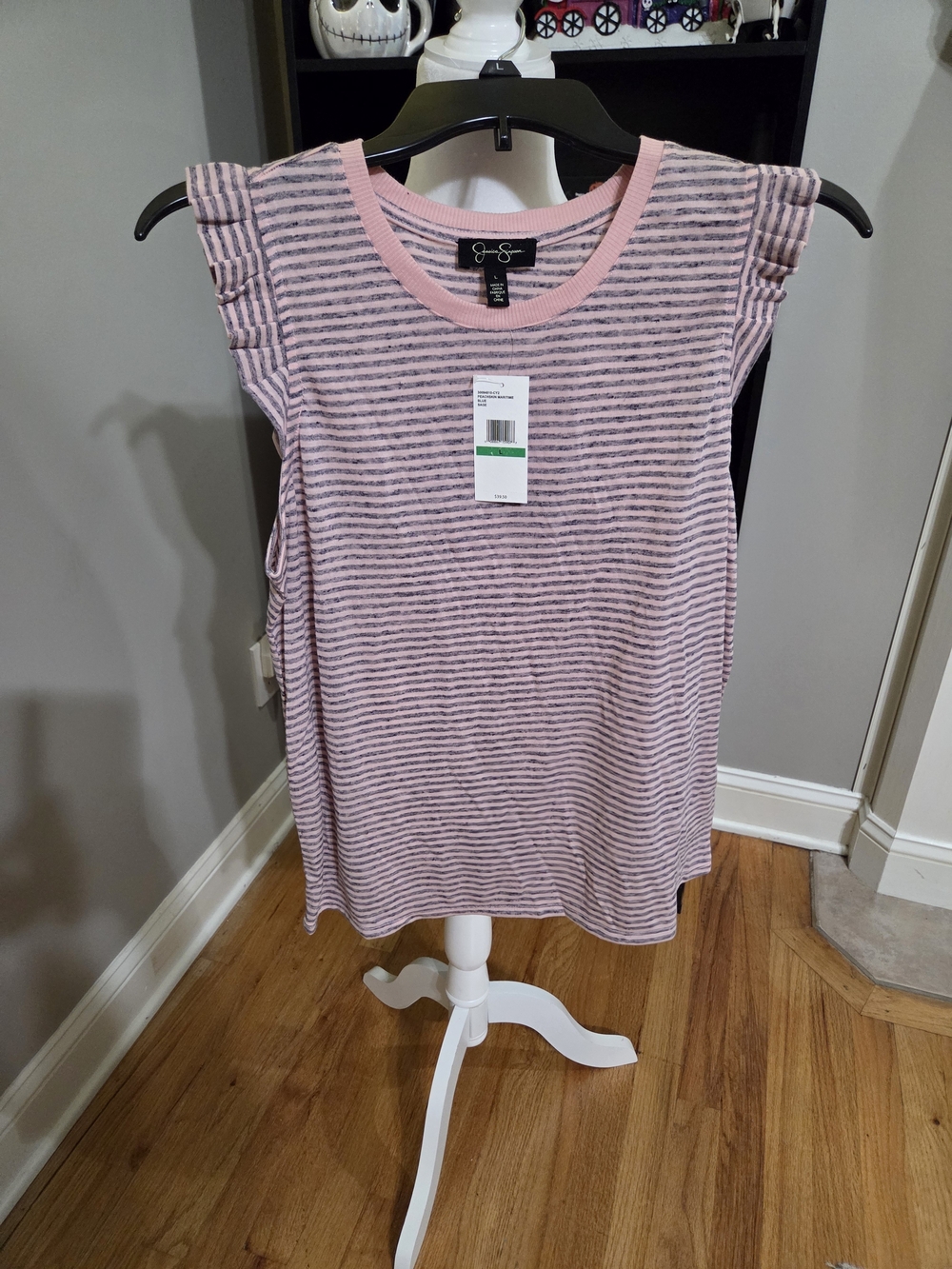 Jessica Simpson Pink and Gray Striped Ruffle Sleeve Tank Top